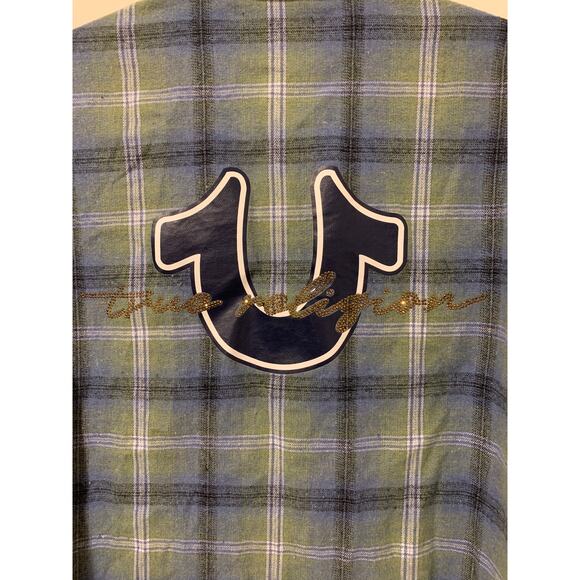 True Religion Long Sleeve Button Down Shirt Graphic Large Letter Medium Plaid - Picture 2 of 9